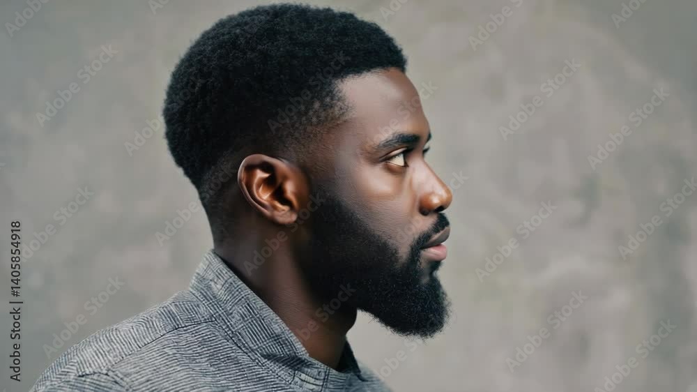 Poster a portrait of a bearded man with a serious expression.