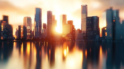 Obraz premium Golden Hour Cityscape: Skyscrapers Reflected in Tranquil Waters at Sunset