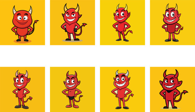 Set of cute cartoon devil characters in various poses, expressions, and stances on yellow background, vector illustration.