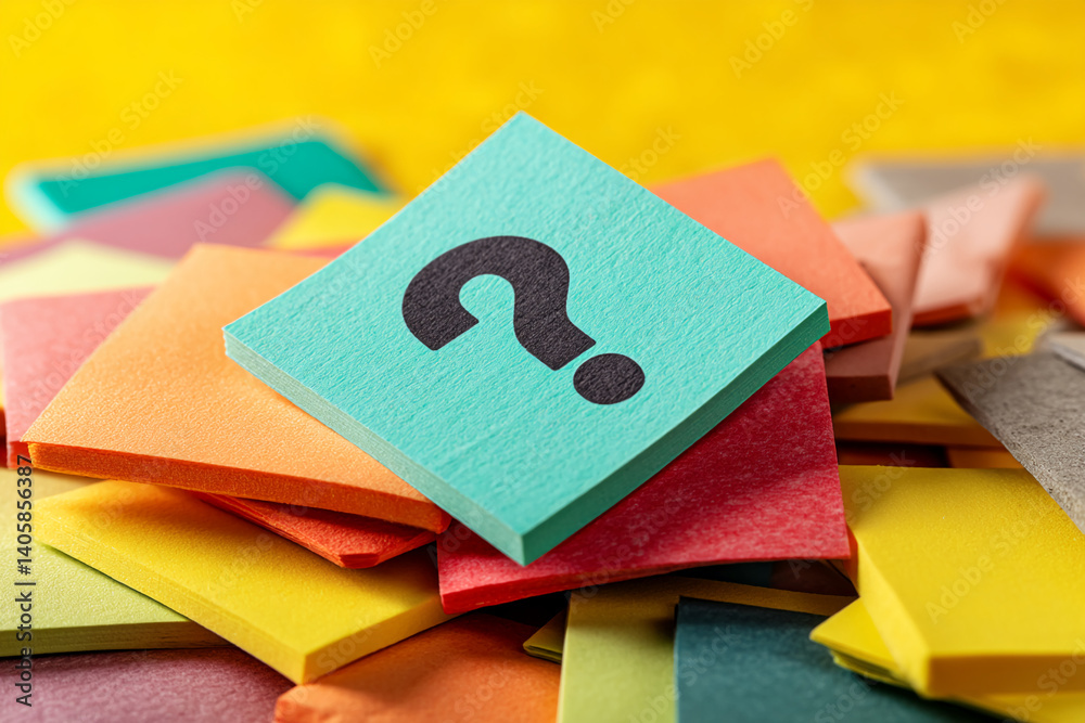 Aufkleber Teal square note with black question mark atop colorful stacked notes, symbolizing questions, FAQs, problem-solving, or decision-making