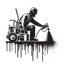 Monochrome Road Worker Painting with Spray Gun in Grunge Stencil Style