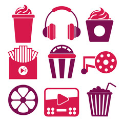 Cinema and entertainment icons: film, popcorn, and headphones