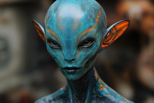 Close-up of a blue humanoid alien figure, with orange accents. Its textured skin is well lit