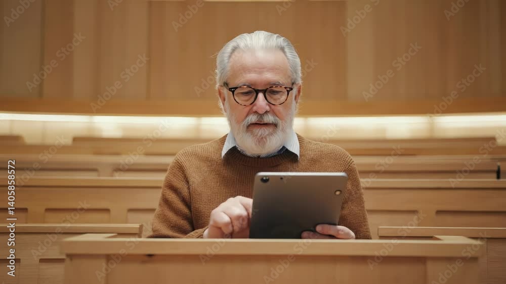 Poster A person working on a tablet computer in a lecture hall setting.
