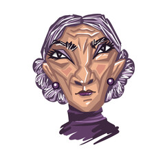 Sticker surprised granny face line black and white vector