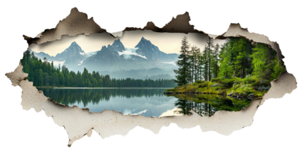 PNG of Serene mountain lake view at dawn, framed by a torn paper effect, showcasing lush greenery and majestic peaks.