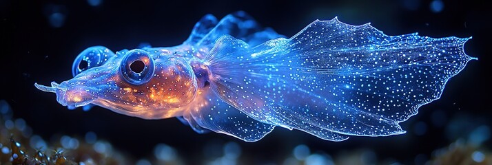 Fototapeta premium Transparent fish with orange head swims in dark water close up.