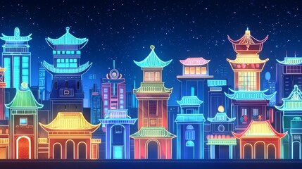 Colorful skyline with unique architectural designs illuminated at night, showcasing vibrant city life and culture.