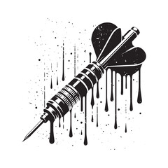 Stylized tranquilizer dart illustration with dripping paint effect and grunge