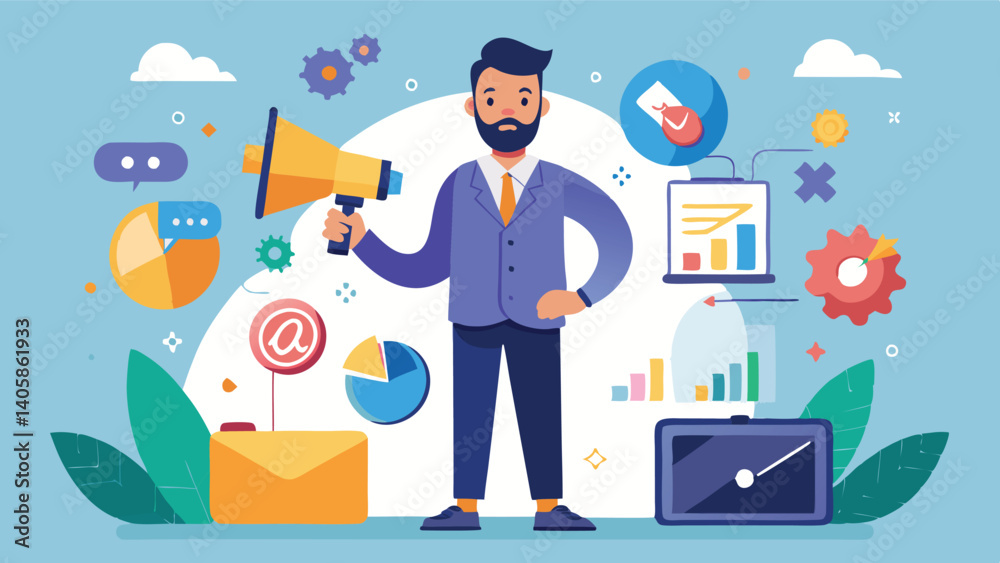 Poster Professional man using laptop to analyze data and present marketing strategies with charts and graphics in a modern office setting