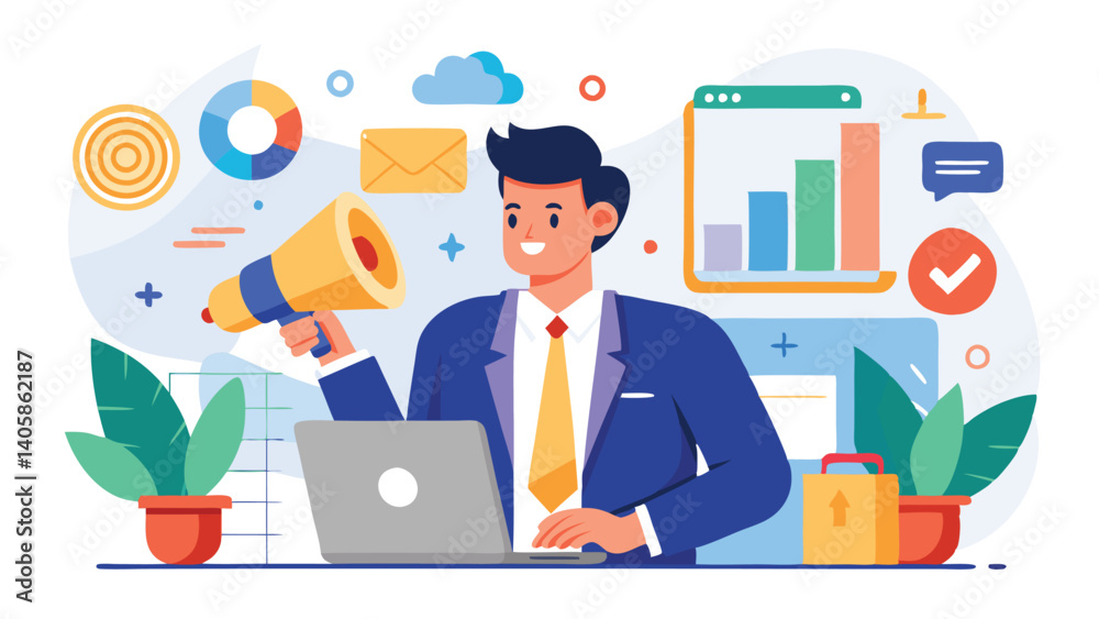 Fototapete professional man using laptop to analyze data and present marketing strategies with charts and graph