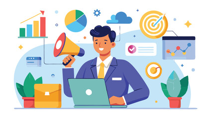 Professional man using laptop to analyze data and present marketing strategies with charts and graphics in a modern office setting