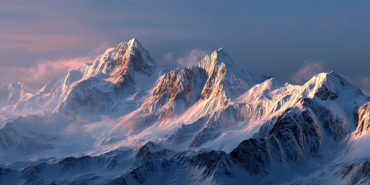 Panoramic view of snow-covered mountain range at sunset, showcasing textured peaks and valleys bathed in warm light, representing serenity and majestic natural beauty