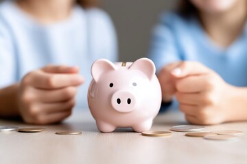 Family members discuss budgeting strategies at the dining table with a piggy bank during a weekend afternoon