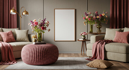A serene living room bathed in warm light, featuring plush rose-toned furniture, vibrant floral arrangements, and a tranquil atmosphere enhancing the cozy mood.