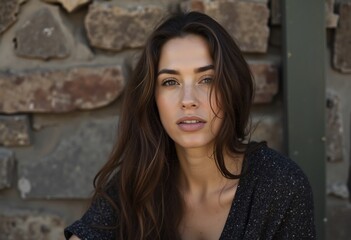 Fototapeta premium Woman with Stone Wall: A portrait of a woman with long, flowing hair, captivating gaze and soft features, against a backdrop of a rustic stone wall.