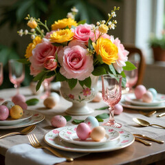 Elegant Easter table setting with pastel eggs, gold cutlery, pink and yellow flowers, and delicate glassware