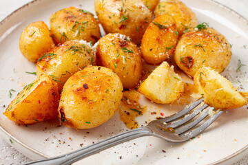 half-eaten fried new potatoes, with butter and dill, on a white plate, with a fork, at home, no people,