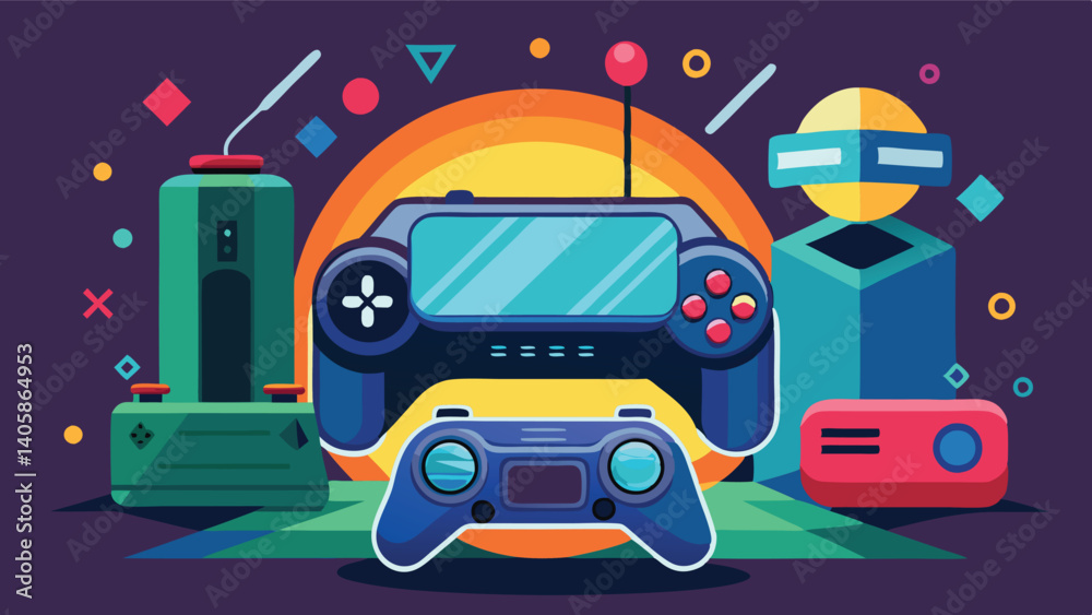 Aufkleber Vector illustration showcasing various gaming devices and accessories in a colorful layout with playful design elements