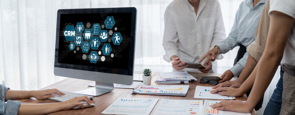 Poster customer relationship management system on brisk computer for crm business and enterprise