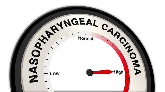 Nasopharyngeal Carcinoma text or word shown with a barometer or tachometer-style gauge, representing varying levels of cancer severity and progression in the nasopharynx