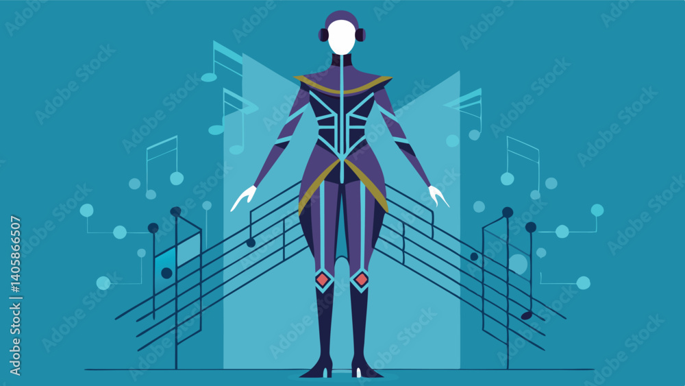 Poster stylized figure in futuristic attire engages with musical elements in a vibrant digital environment