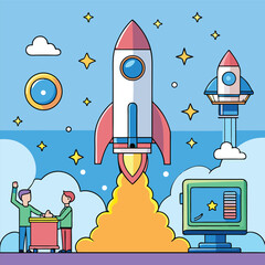 Fototapeta premium Colorful Illustration of Rocket Launch with Team Collaboration and Space Elements