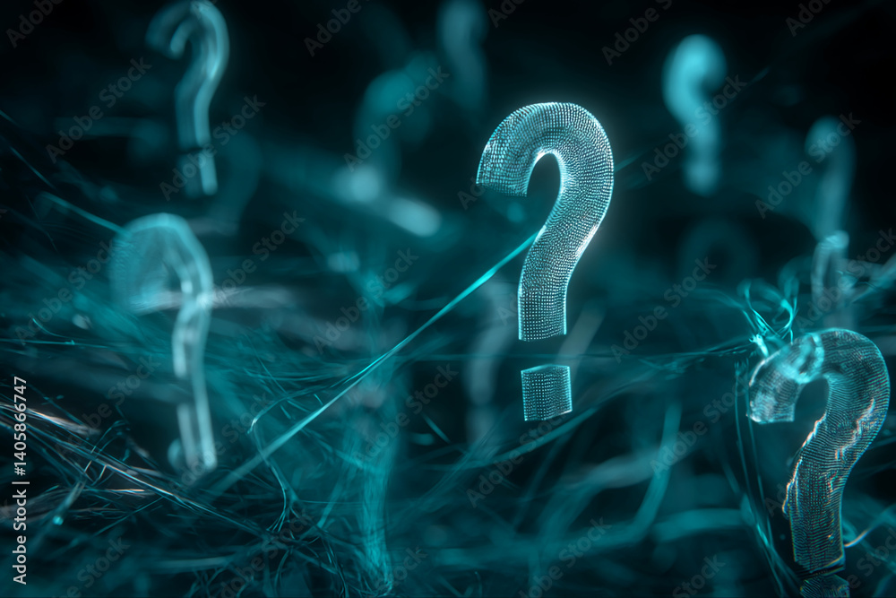 Poster teal question marks, formed from glowing particles, float amidst abstract teal fibers, symbolizing u