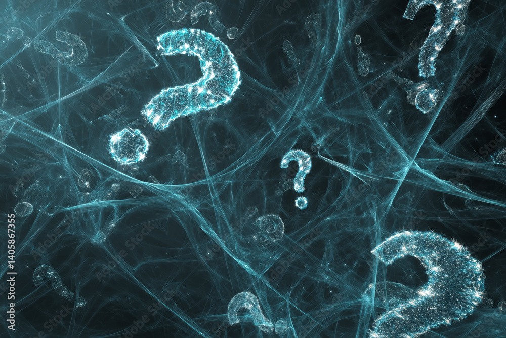 Poster Abstract teal background with glowing question marks embedded in a web-like texture, symbolizing mystery, inquiry, or uncertainty