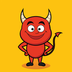 Cute cartoon devil character with a mischievous smile, standing confidently on a yellow background, vector illustration.