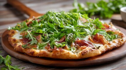 Rustic Pizza Topped With Fresh Arugula and Prosciutto Served on a Wooden Platter