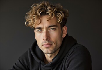 Obraz premium Contemporary Male Portrait: A compelling close-up captures the essence of a man with captivating gaze, set against a neutral backdrop. The portrait highlights his stylish, curly hair.