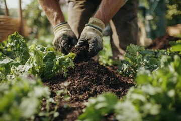 Fototapeta premium A person's hands, wearing work gloves, add soil to a garden bed filled with leafy green plants. The focus is on the soil and plants, with the person's lower body blurred in the background.