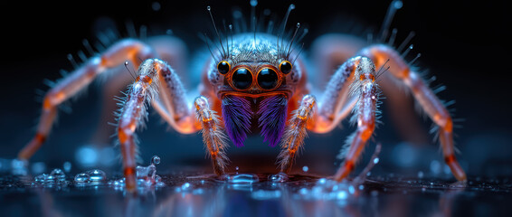 Fototapeta premium Extreme Close-Up of a Fantastical Jumping Spider Exhibiting Intense Colors and Textured Exoskeleton..