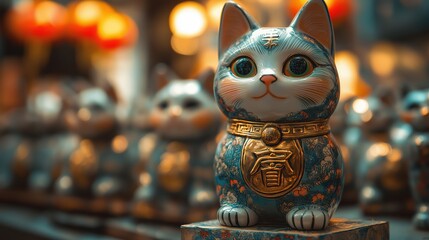 Lucky cat symbolizing fortune amidst fluttering banknotes in a festive setting