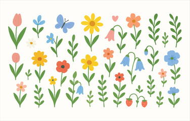 Set of spring and summer hand drawn flowers. Floral elements, wildflower, leaves and herb, plants, foliage on white background. Collection spring blossom icons. Vector flat illustration.