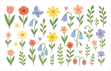 Set of spring and summer hand drawn flowers. Floral elements, wildflower, leaves and herb, plants, foliage on white background. Collection spring blossom icons. Vector flat illustration.