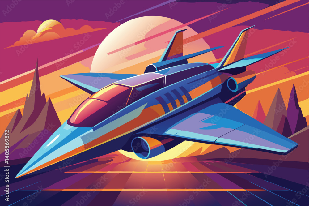 Poster futuristic jet aircraft soaring through vibrant skies with dynamic colors in a high-speed flight