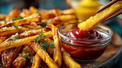 Person likes using chopsticks to dip fries in ketchup at a casual eatery