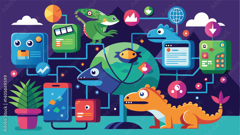 Fototapete colorful vector illustration depicting various digital elements interconnected around the globe, fea