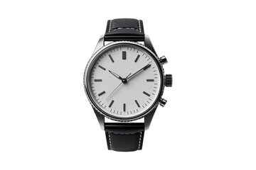 A watch with a black band and a white face isolated on a transparent background
