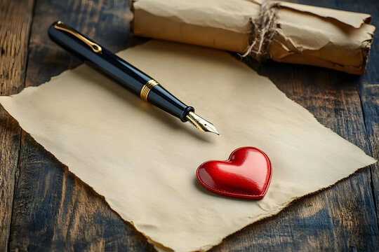 papier &agrave; lettre de type parchemin avec stylo &agrave; plume sur table en bois, petit c&oelig;ur rouge pos&eacute;s sur la table