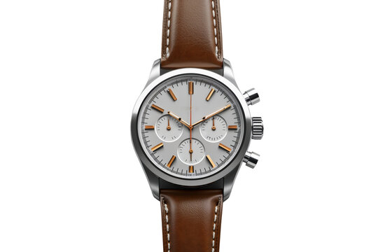 A watch with a brown band and a white face isolated on a transparent background
