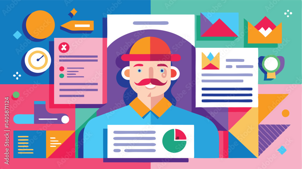 Poster digital worker analyzing data while surrounded by colorful charts and graphs in a modern workspace d