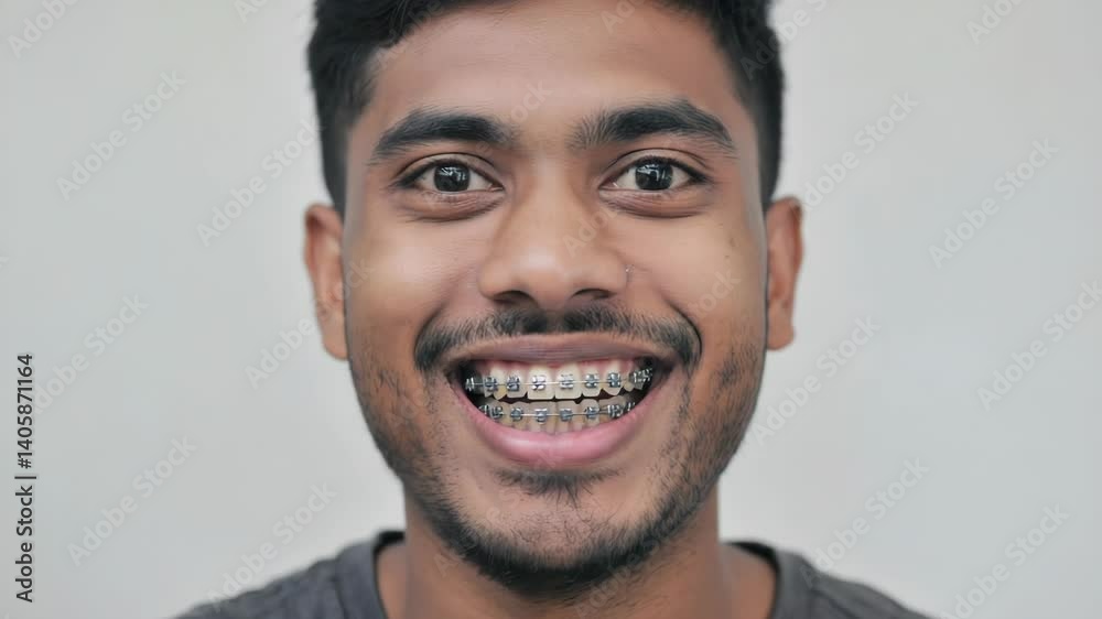 Poster a person with dental braces and a friendly smile points at the camera, capturing attention.