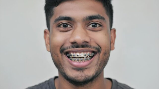 A person with dental braces and a friendly smile points at the camera, capturing attention.