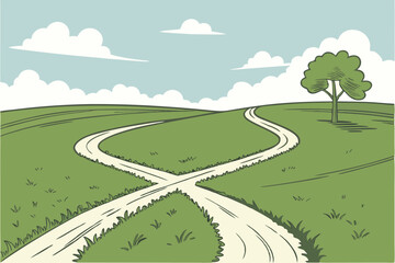 29 Forked road, green grass field, blue sky, fluffy white clouds, crossroads, decision point, diverging paths, horizon, vibrant landscape, symbolic imagery, life choices, journey metaphor, symmetrical