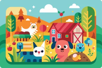Naadloos Fotobehang Airtex Colorful vector illustration of a charming landscape featuring cute animals, vibrant flowers, and picturesque buildings under a sunny sky © SaroStock
