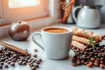 Cozy Morning Coffee with Cinnamon and Coffee Beans