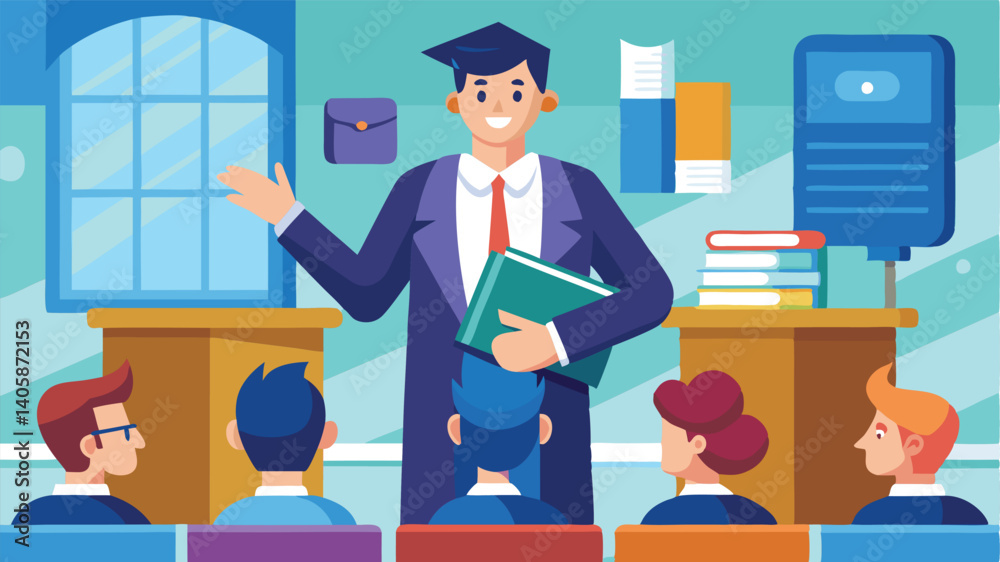 Poster professional speaker giving a presentation to engaged audience in a modern conference room setting w